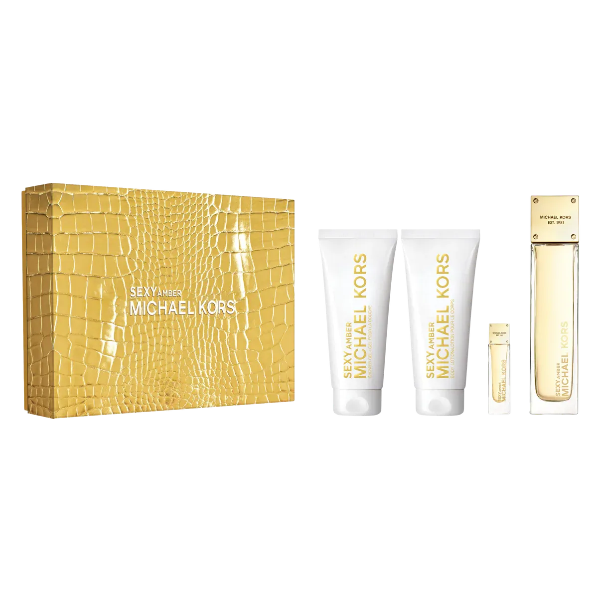 Michael Kors Sexy Amber 4-piece women's fragrance gift set with 3.4 oz Eau de Parfum spray bottle and accessories