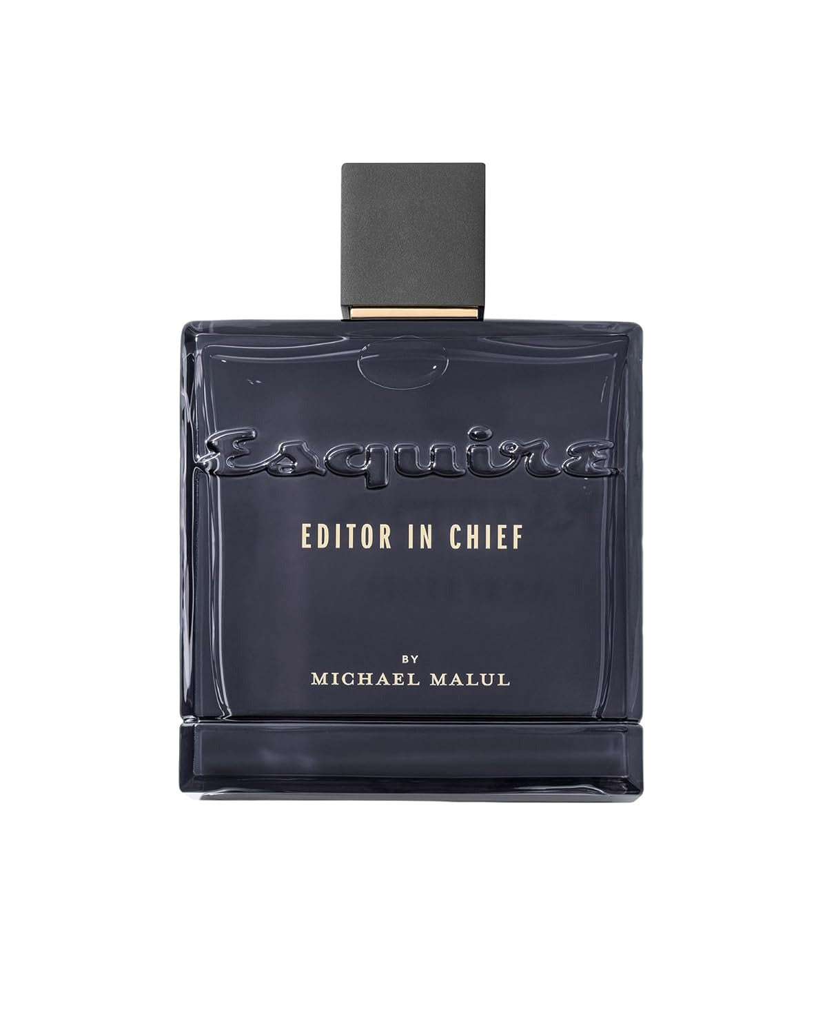 Black perfume bottle labeled 'Editor in Chief' by Michael Malul on a white background