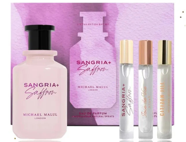 Michael Malul Sangria + Saffron 4-piece women's Eau de Parfum gift set with fragrance bottle and accessories