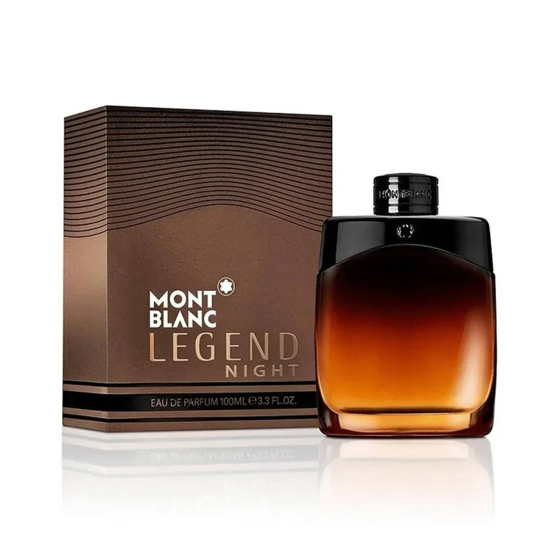 Mont Blanc Legend Night perfume bottle and packaging on a white background