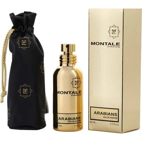 Montale Arabians perfume bottle, packaging, and black drawstring bag on a white background