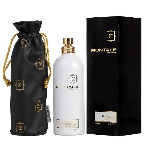 Montale perfume bottle, packaging, and drawstring bag on a white background