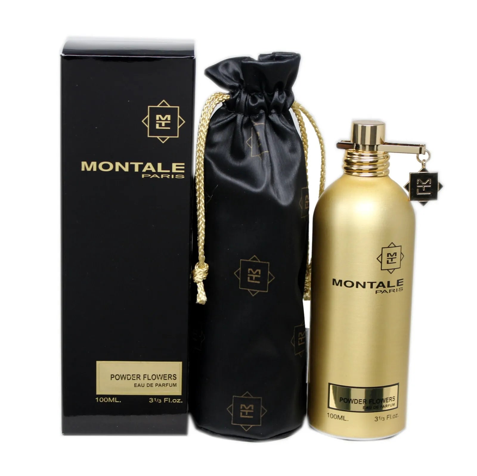 Montale Paris perfume bottle, packaging, and drawstring bag on a white background