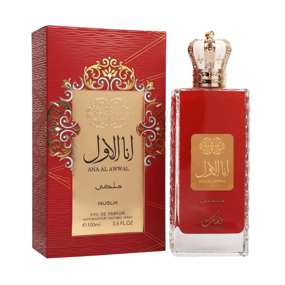Nusuk Ana Al Awwal Malaki 3.4 oz Eau de Parfum unisex bottle, rich royal fragrance with warm amber and woody depth