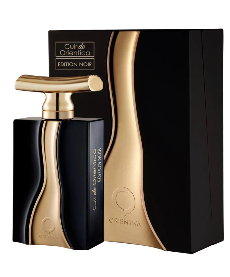 Orientica Cuir de Orientica Edition Noir perfume bottle and packaging on a white background