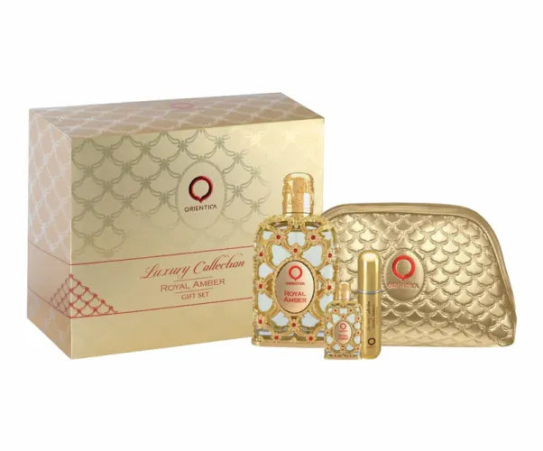 Orientica Royal Amber 4pcs set 2.7 oz Eau de Parfum unisex bottles, warm amber fragrance with spicy, woody, and musky notes
