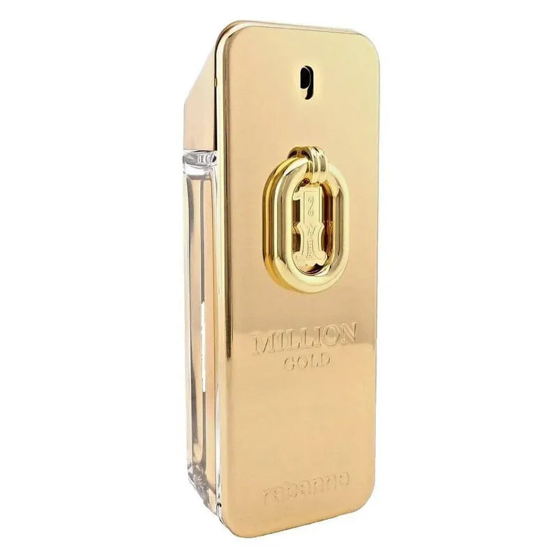 A gold rectangular perfume bottle with a clear glass side panel and a prominent gold emblem on the front, labeled 'MILION GOLD' and 'FREDDY' at the bottom, shown on a plain white background.