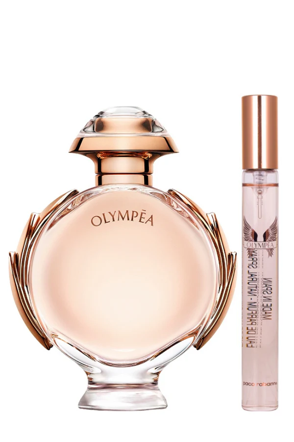 Olympea perfume set with a large bottle and a smaller rollerball on a white background
