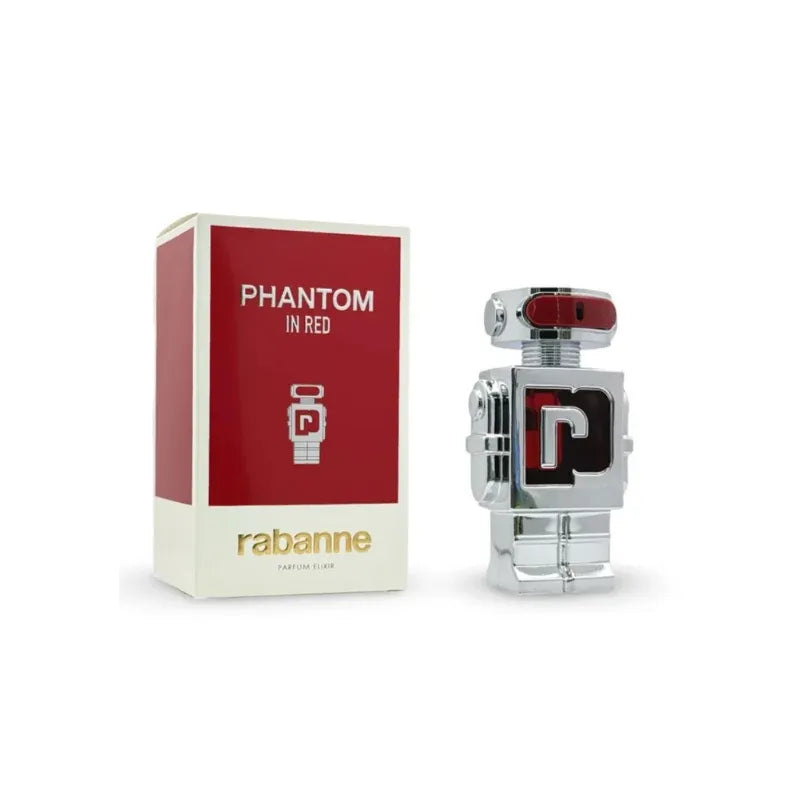 Rabanne Phantom in Red perfume bottle and packaging on a white background