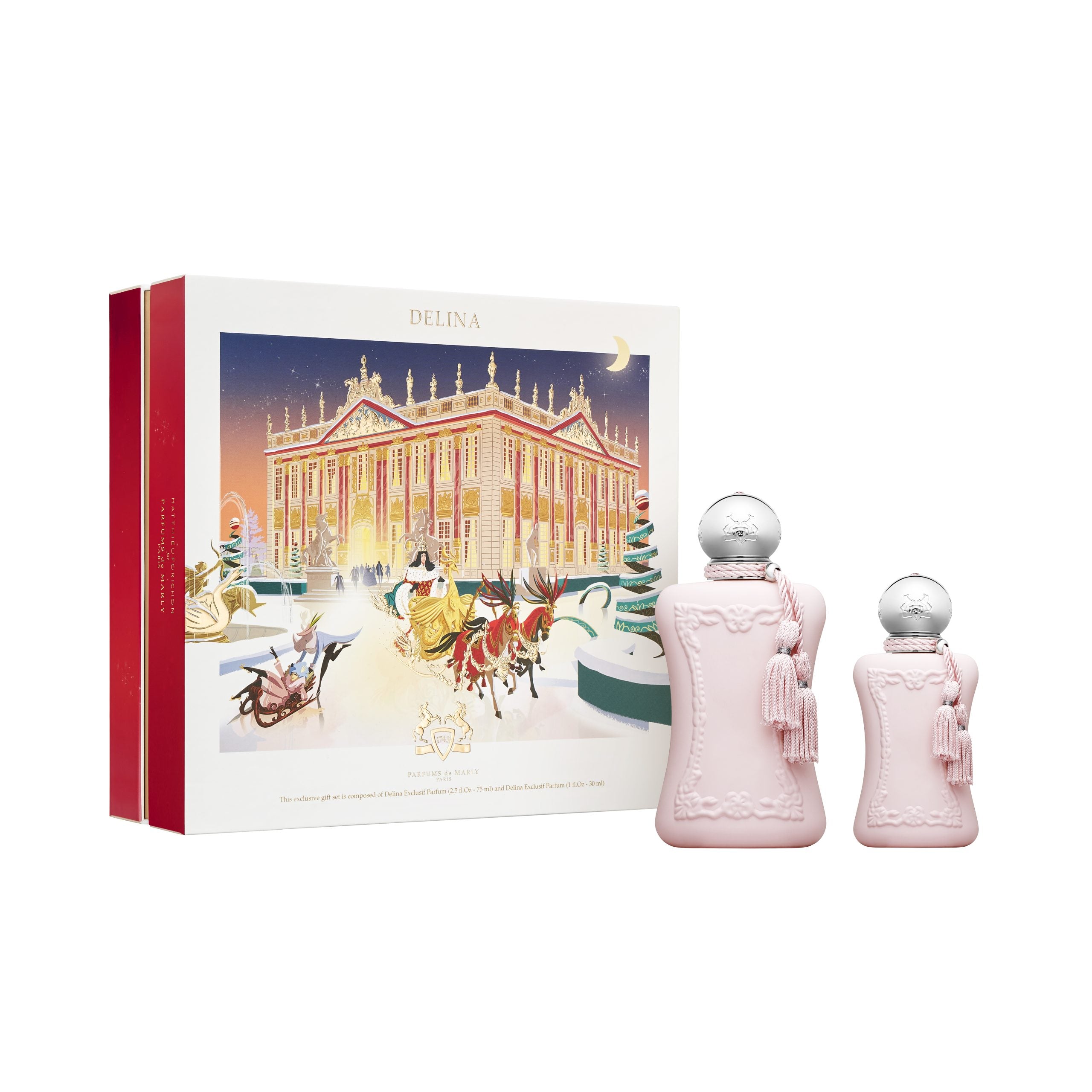 A set of two pink bottles of Delina fragrance with a decorative box featuring a Christmas-themed illustration.
