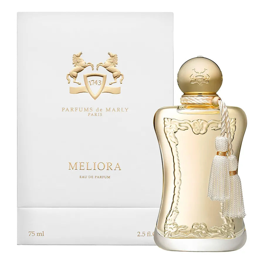 Perfume bottle and packaging of Parfums de Marly Meliora on a white background