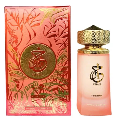 Perfume bottle and packaging with 'Khair' branding on a white background