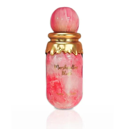 A pink marbled perfume bottle with a gold metallic collar and a matching pink marbled spherical cap, labeled 'Marshmallow Blush' on a clean white background.