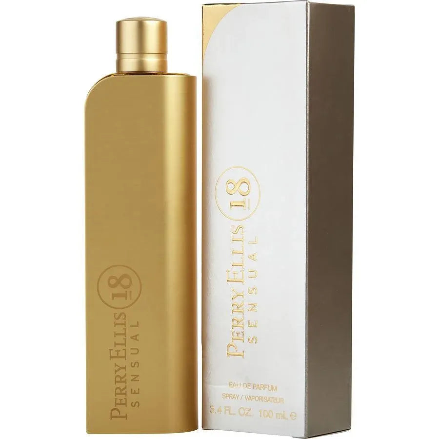Gold Perry Ellis 18 Sensual perfume bottle and packaging on a white background
