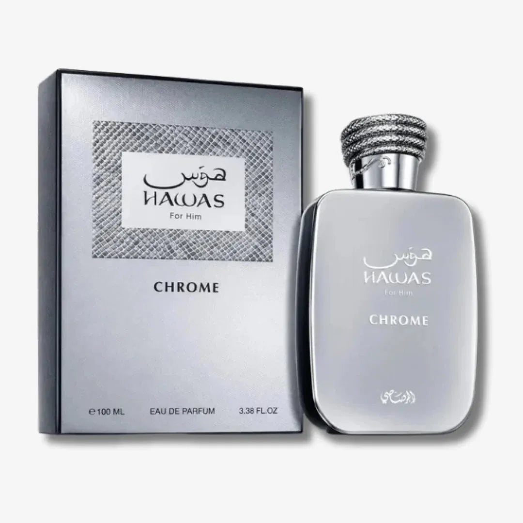 Rasasi Hawas Chrome 3.4 EDP unisex perfume bottle with sleek citrus aquatic and musky woods scent