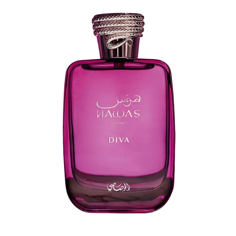 Pink perfume bottle with 'Hawas' branding on a white background