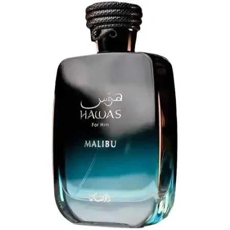 Rasasi Hawas Malibu 3.4 oz Eau de Parfum unisex bottle, fresh citrus aquatic fragrance with aromatic and musky notes