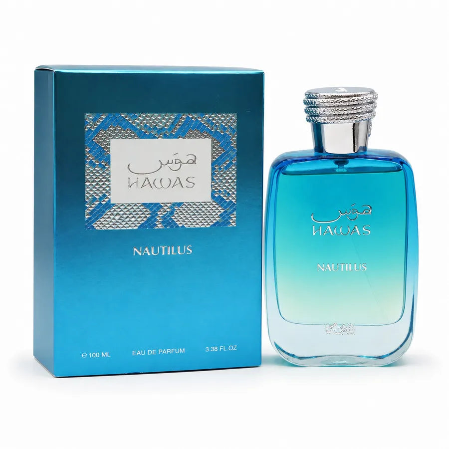 Rasasi Hawas Nautilus 3.4 EDP unisex perfume bottle with fresh aquatic citrus and musky woods scent