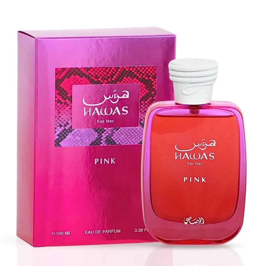 Pink Hawas perfume bottle and packaging on a white background