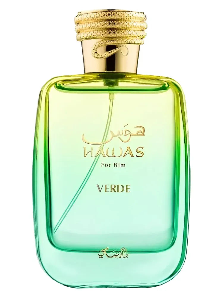 Rasasi Hawas Verde 3.4 oz Eau de Parfum unisex bottle, fresh green aquatic fragrance with citrus and woody musky base