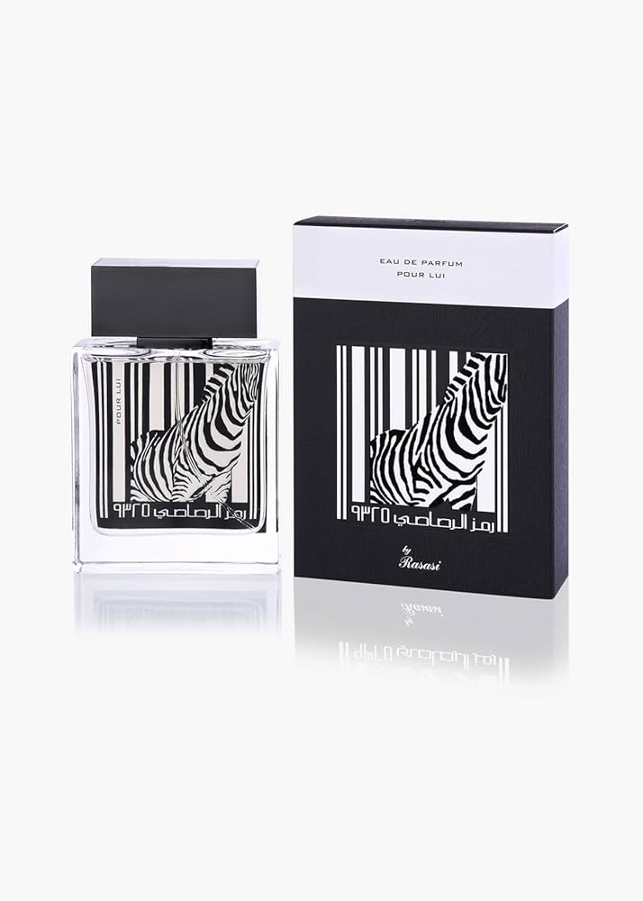 A black bottle of Rasasi Pour Lui 1.69 Edp for Men with a distinctive zebra-like pattern on the label, accompanied by its black packaging box.