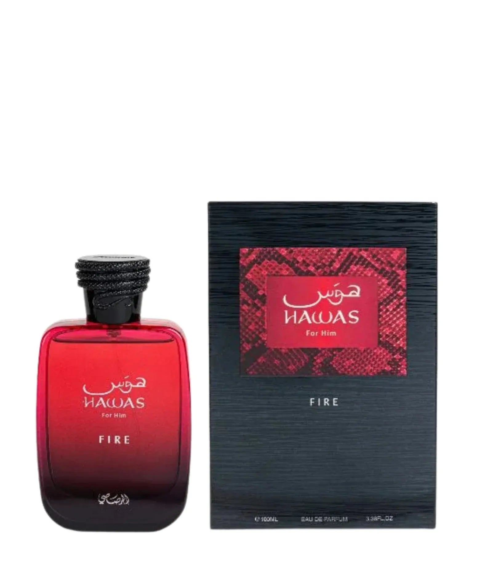 Red perfume bottle and black packaging with 'Hawas' branding on a white background