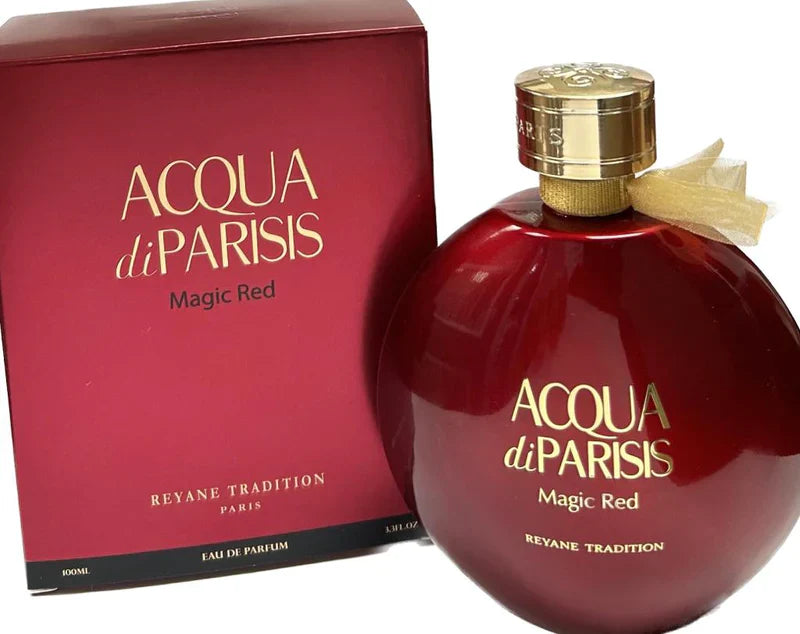 Red Acqua di Parisis Magic Red perfume bottle and packaging on a white background