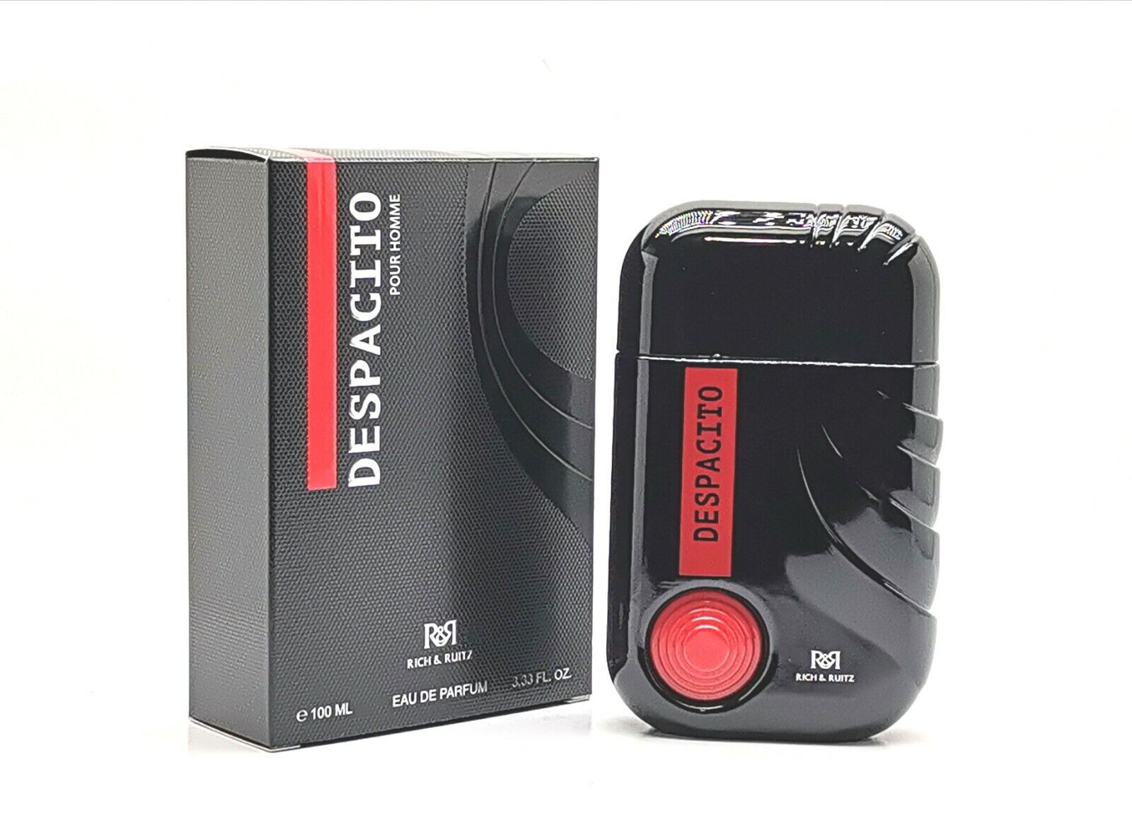 A black bottle of Rich & Ruitz Despacito 3.4 EDP for Men with a red label, alongside its packaging box.