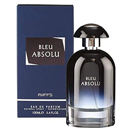 A bottle of Riiffs Parfums Bleu Absolu 3.4 Edp with a capacity of 100ml, accompanied by its blue packaging box.