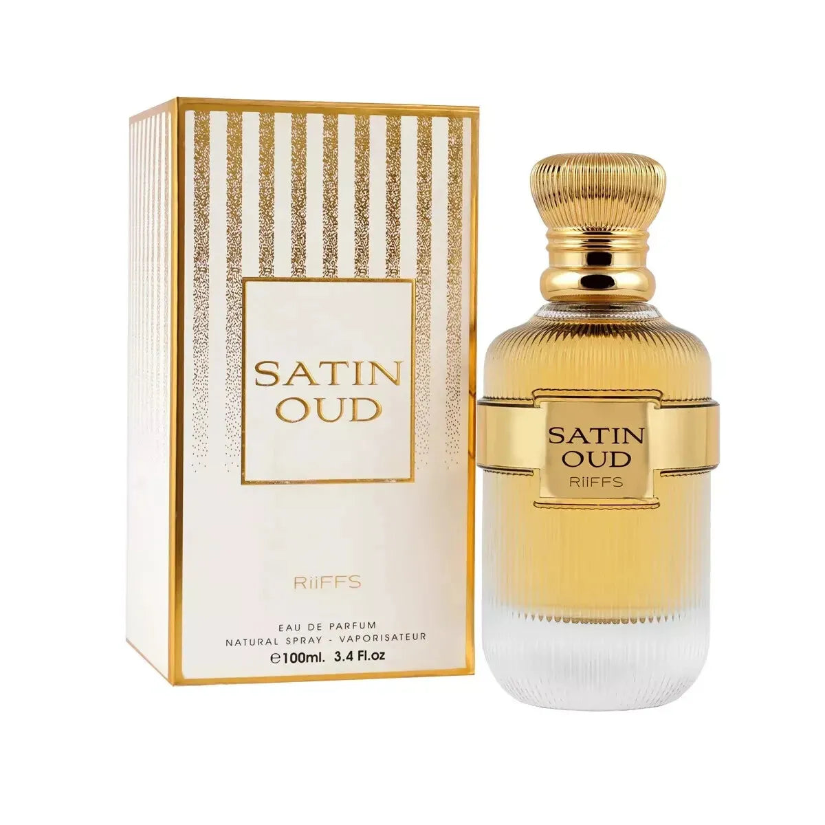 Riiffs Satin Oud 3.4 oz Eau de Parfum for women, luxurious oud fragrance with creamy sweet, amber, and musky notes