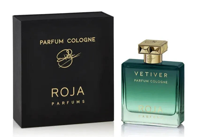 Roja Parfums Vetiver Parfum Cologne bottle and packaging on a white background