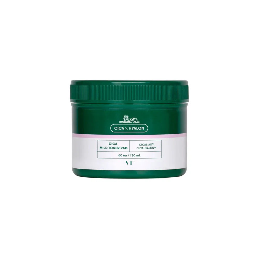 A dark green plastic jar of Cica - Kovalon Cica Mild Toner Pads, featuring a white label with green text, set against a plain white background.