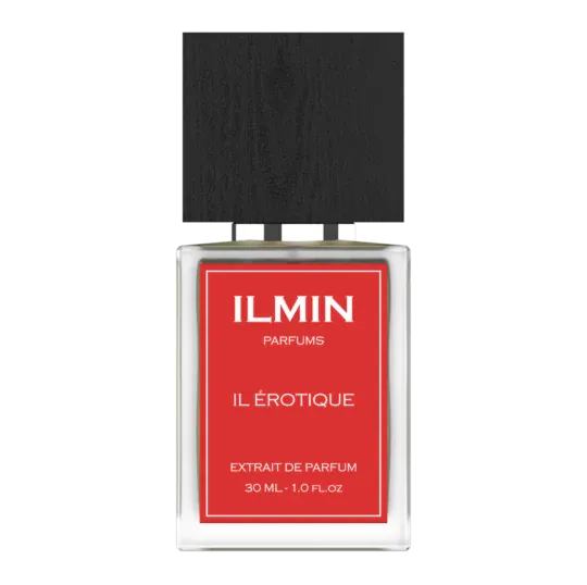 Perfume bottle with red label and black cap on a white background