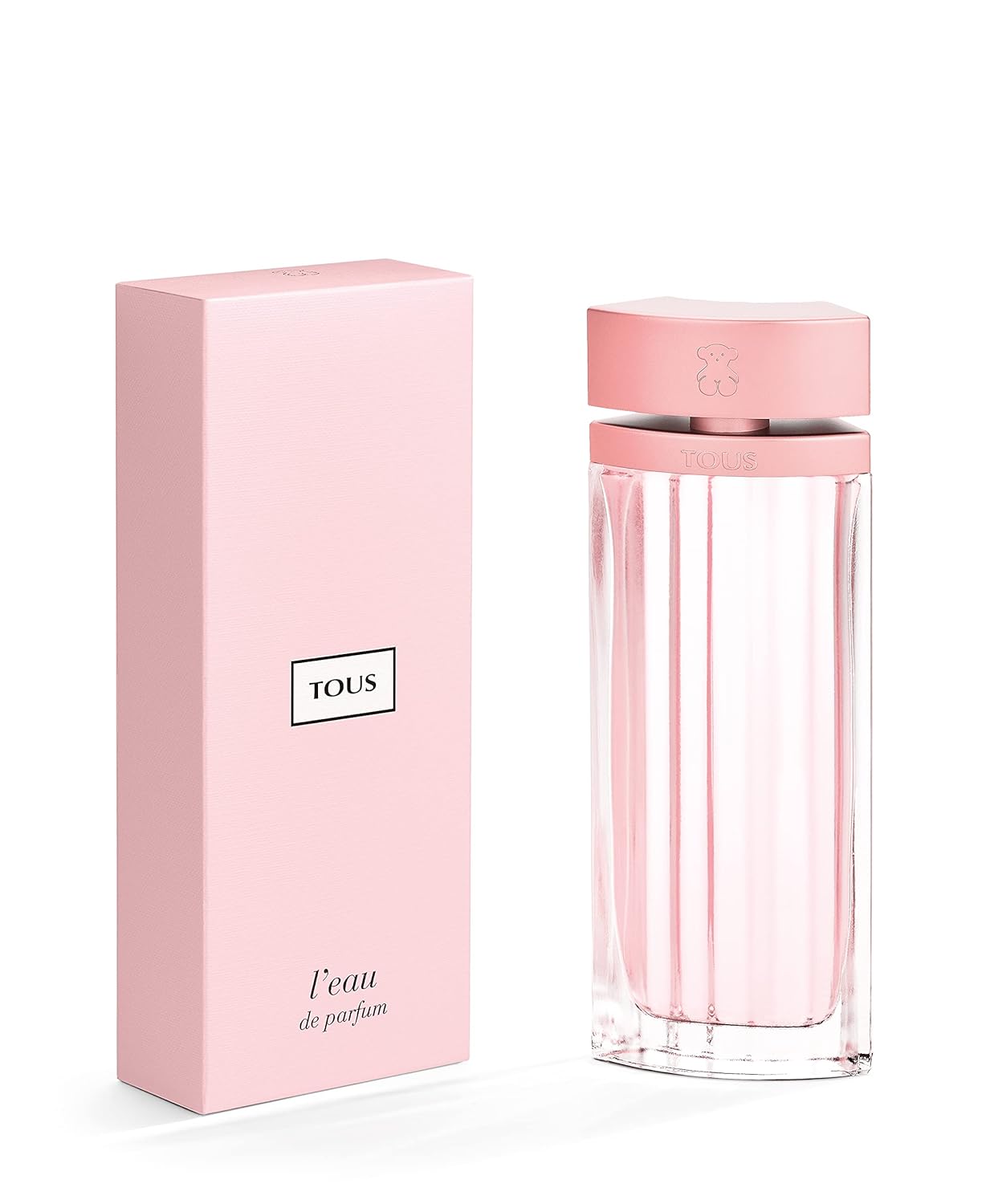 A pink Tous L'eau De Parfum 3.0 Edp L bottle next to its pink box packaging.