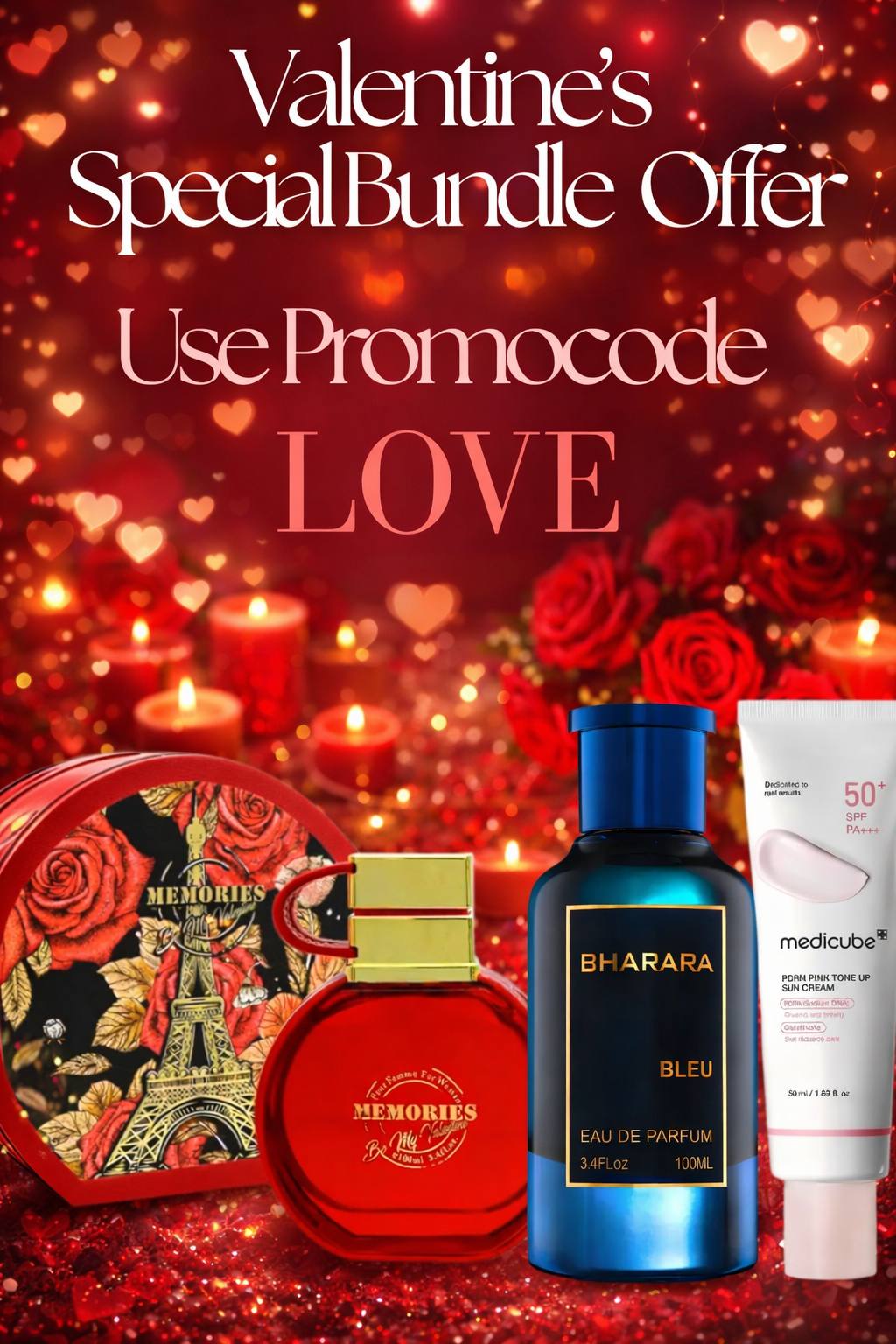 Valentine Essentials Bundle featuring Emper Memories Valentine, Bharara Bleu, and Medicube PDRN Pink Tone Up Sun Cream