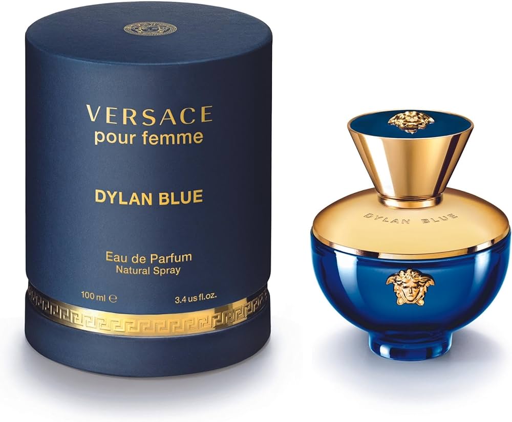 Versace Dylan Blue perfume bottle and packaging on a white background