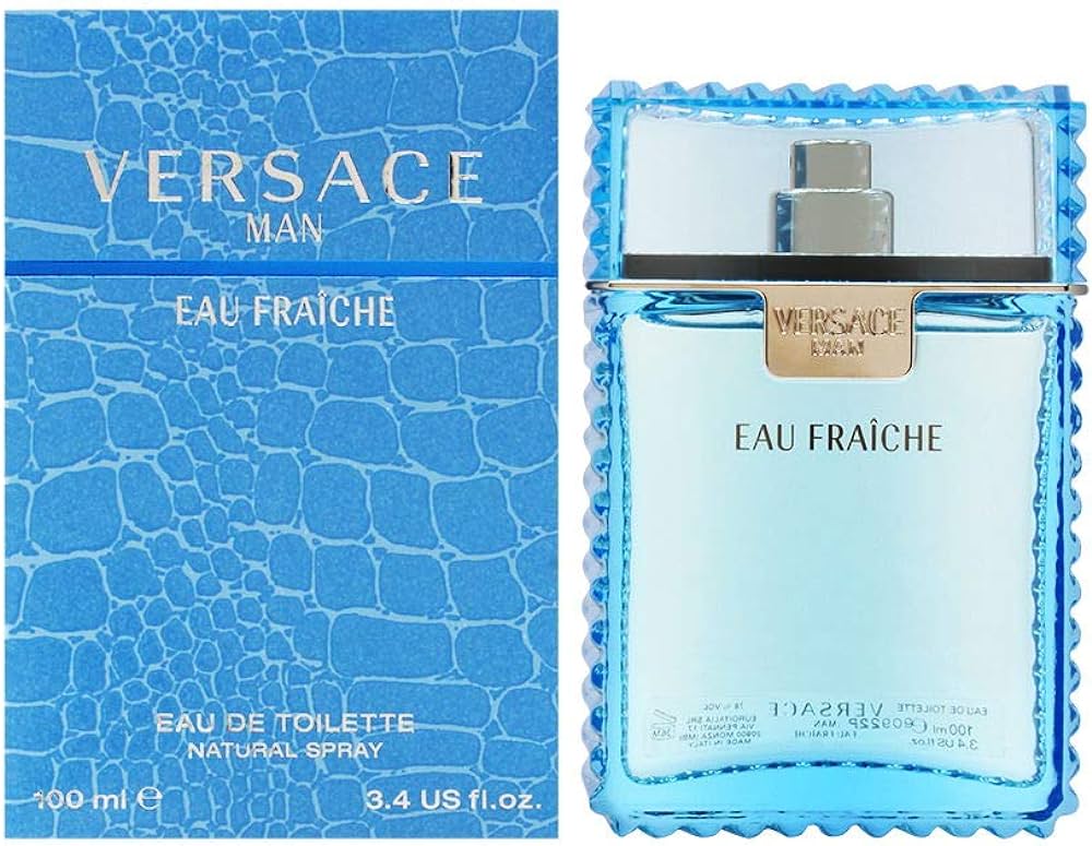 Versace Eau Fraîche perfume bottle and packaging, featuring a blue and white design with the Versace logo.