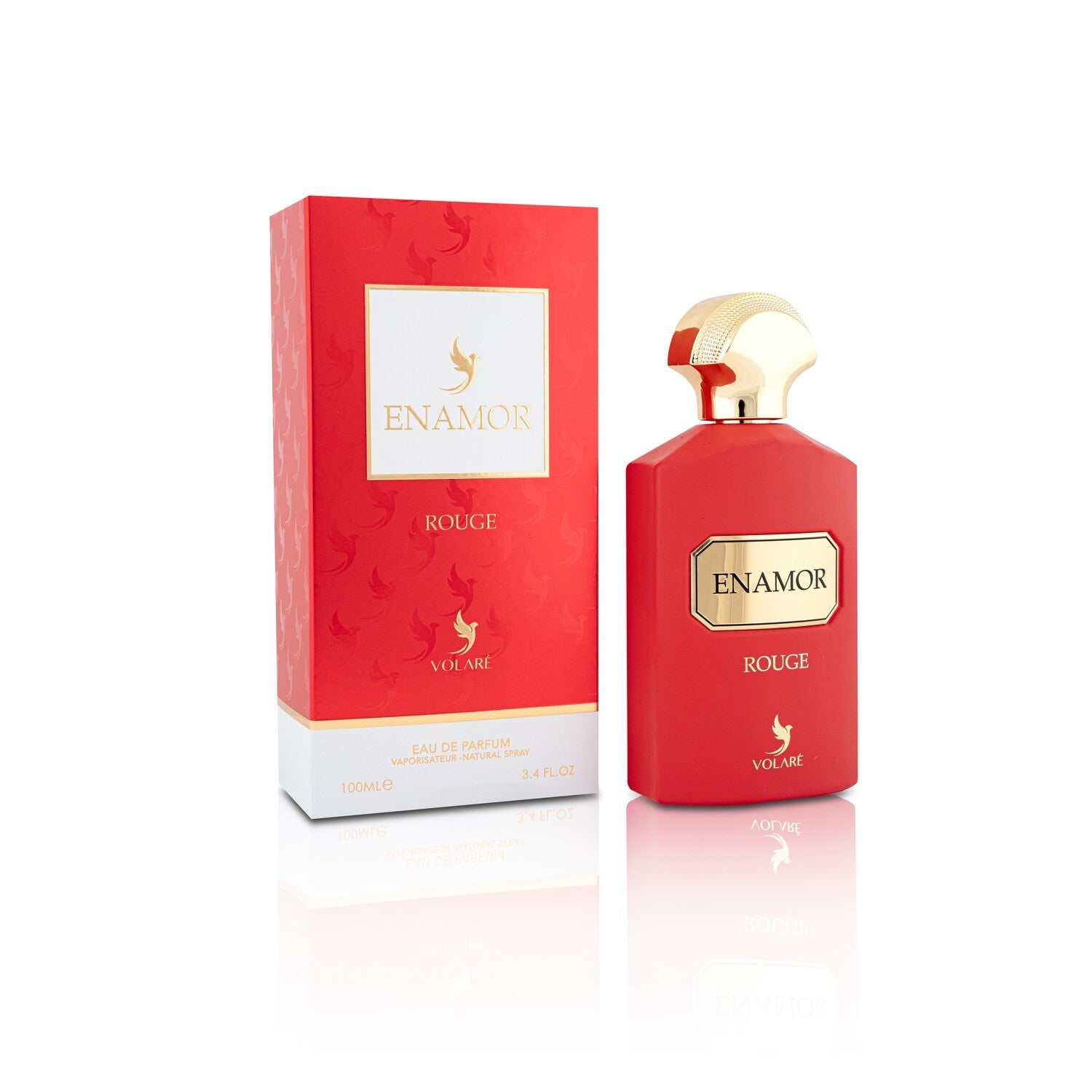Red Enamor Rouge perfume bottle and packaging on a white background