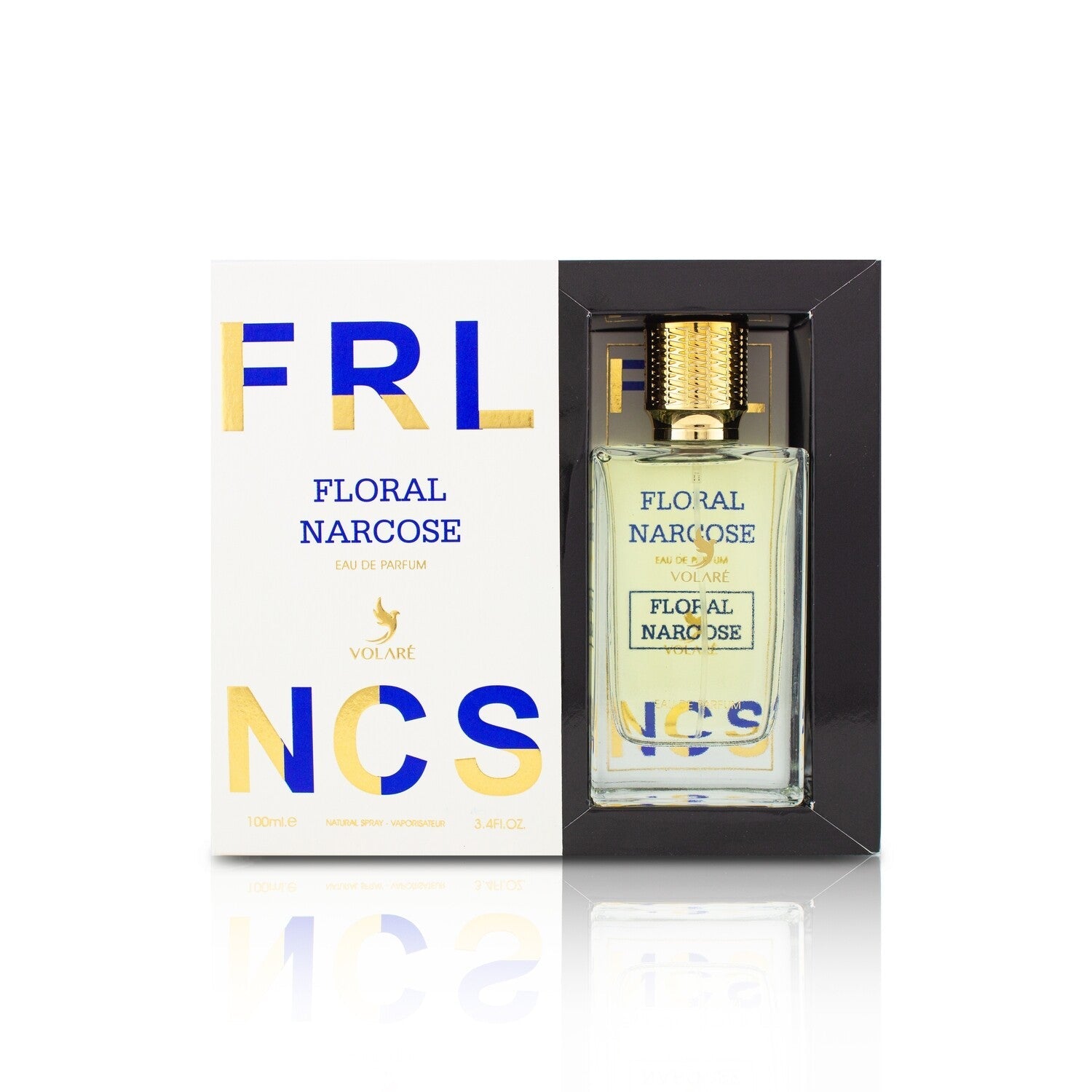 A bottle of Volaré Floral Narcose perfume with a blue and gold label, presented in a black box with the same name and a flower emblem.