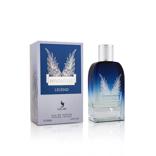 A bottle of Volaré Inventive Legend 3.4 Edp perfume for men alongside its packaging box.