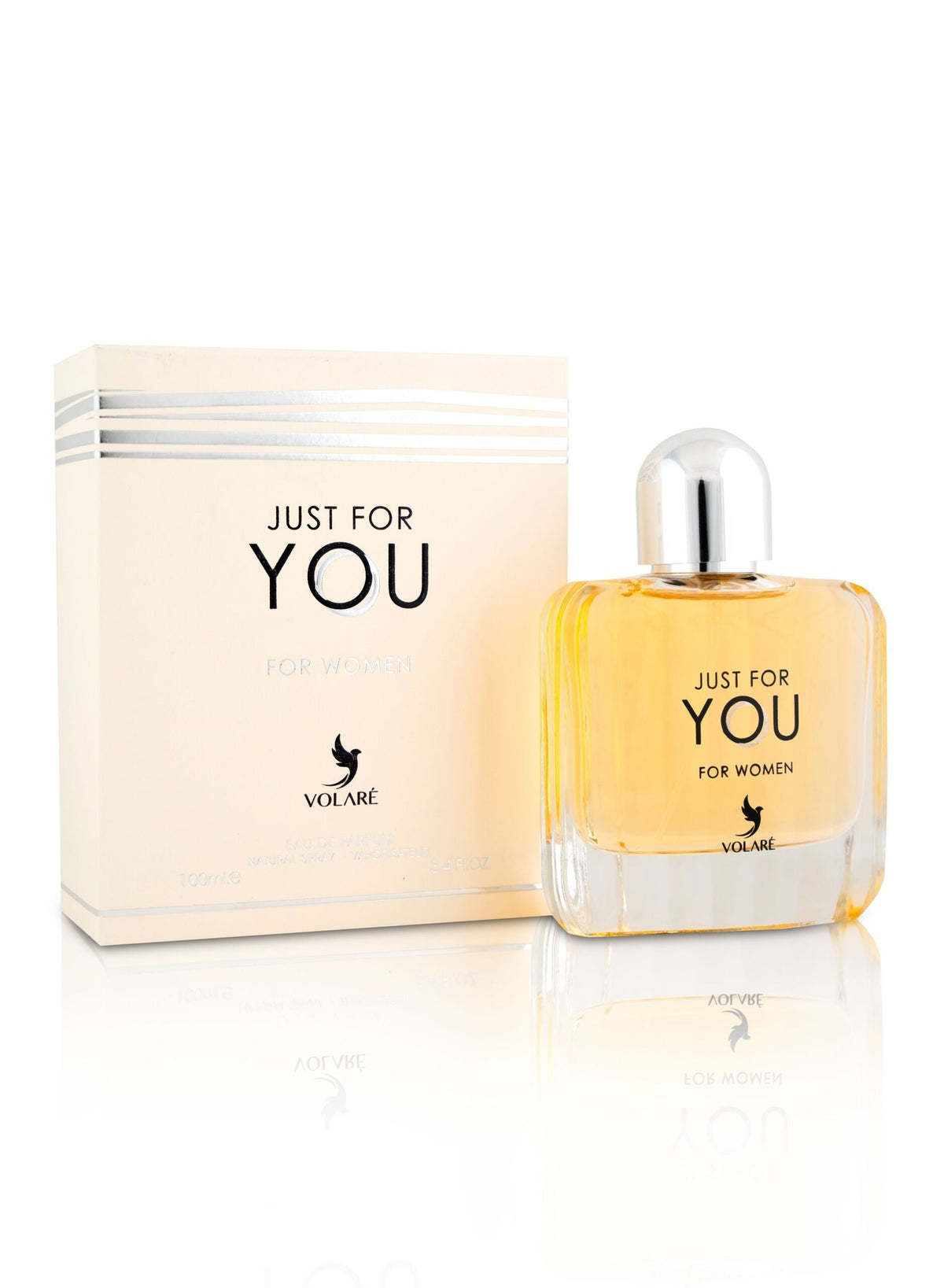 Perfume bottle and packaging labeled 'Just for You for Women' by Volare on a white background