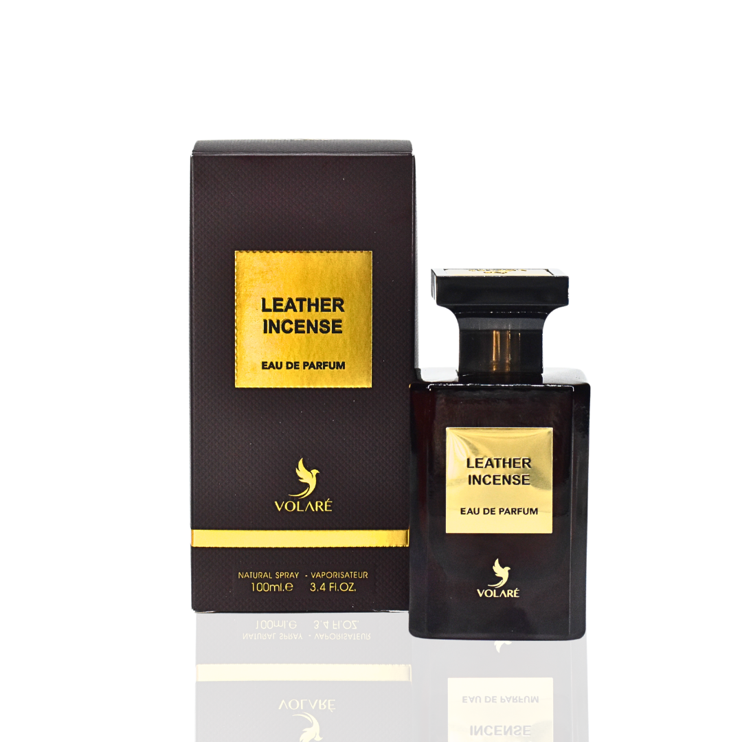 Voláre Leather Incense Eau de Parfum bottle and packaging on a white background