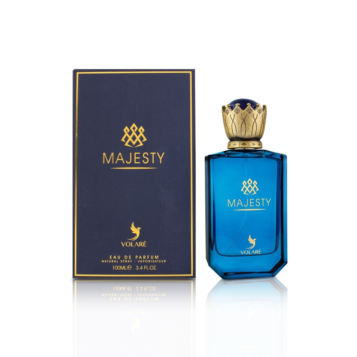 Blue perfume bottle with gold cap and matching box labeled 'Majesty' on a white background
