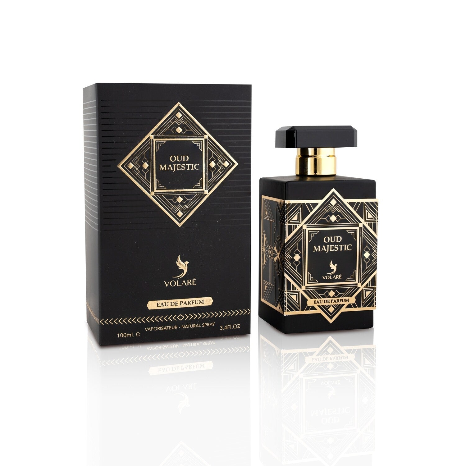 Oud Majestic perfume bottle and packaging on a white background