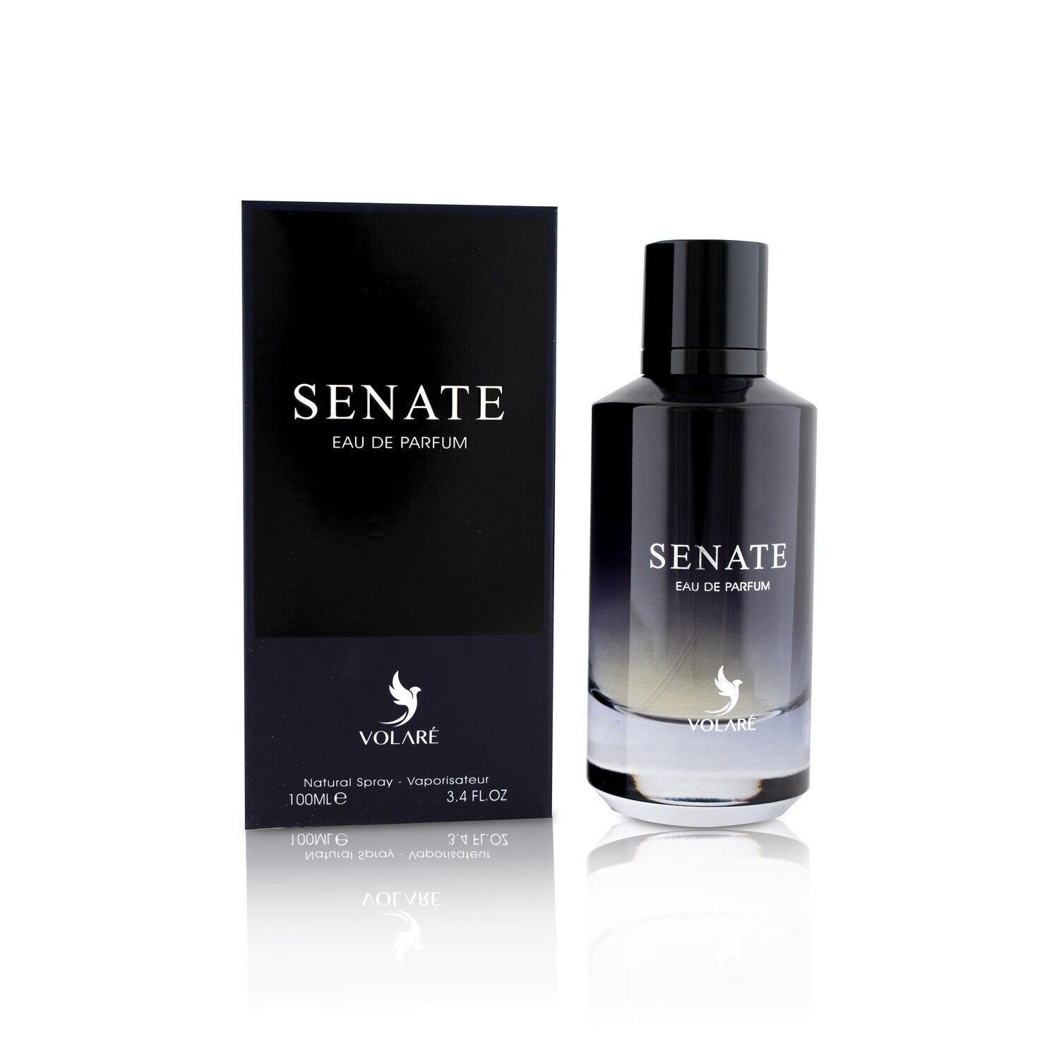Volaré Senate 3.4 oz Eau de Parfum for men – bold and sophisticated masculine fragrance in a sleek dark bottle with silver accents, perfect for evening wear.