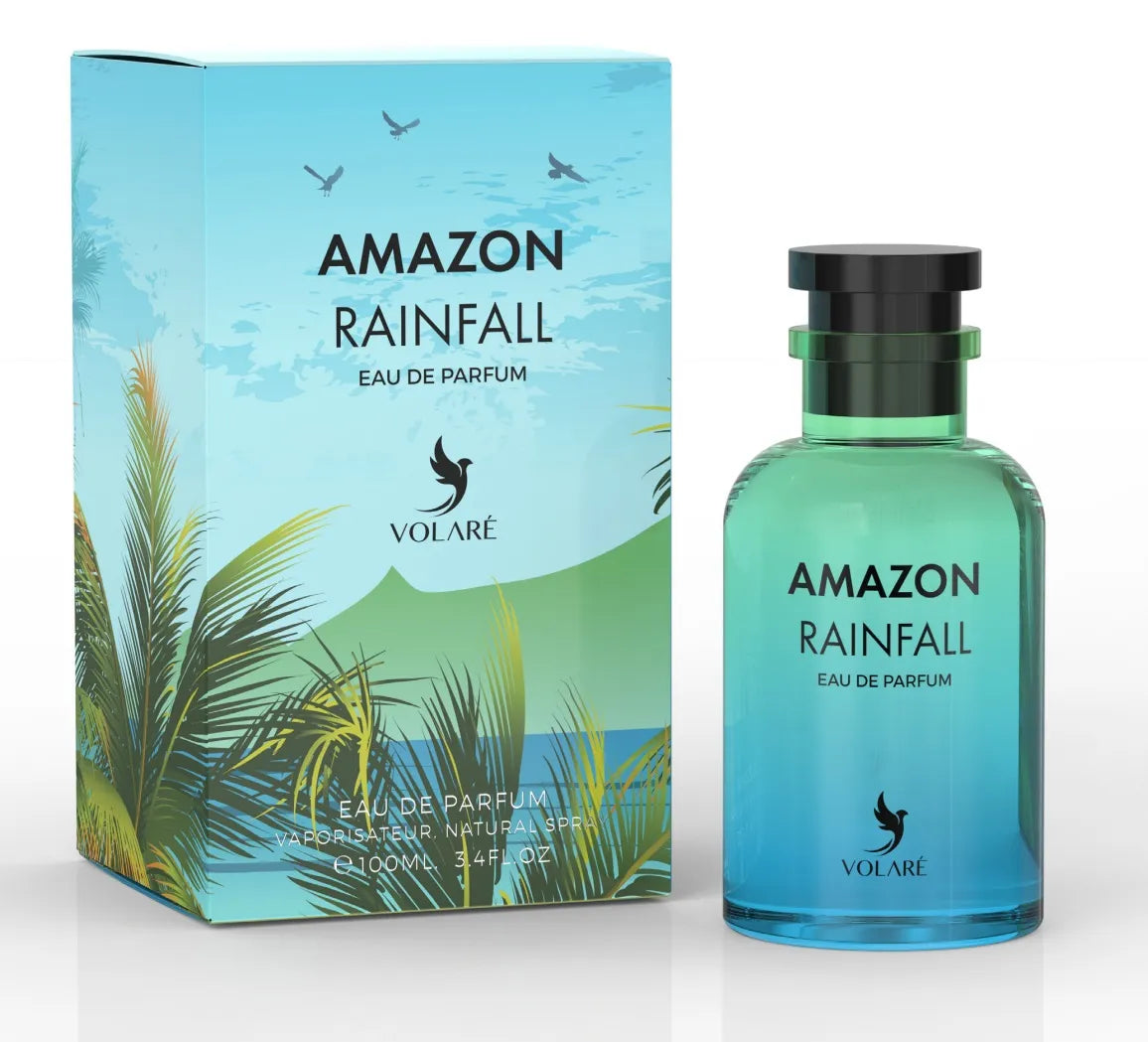 Volare Amazon Rainfall 3.4 oz Eau de Parfum unisex bottle, fresh green aquatic fragrance with herbal, woody, and musky notes