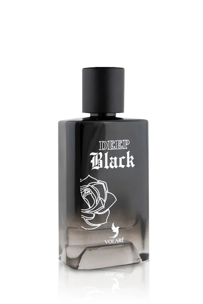 Volare Deep Black 3.4 oz Eau de Parfum for men, bold dark masculine fragrance in sleek black bottle
