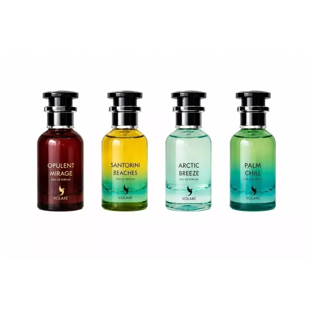 Four Volare fragrance bottles lined up on a white background: Opulent Mirage in dark amber, Santorini Beaches in yellow-green, Arctic Breeze in pale aqua, and Palm Chill in green.