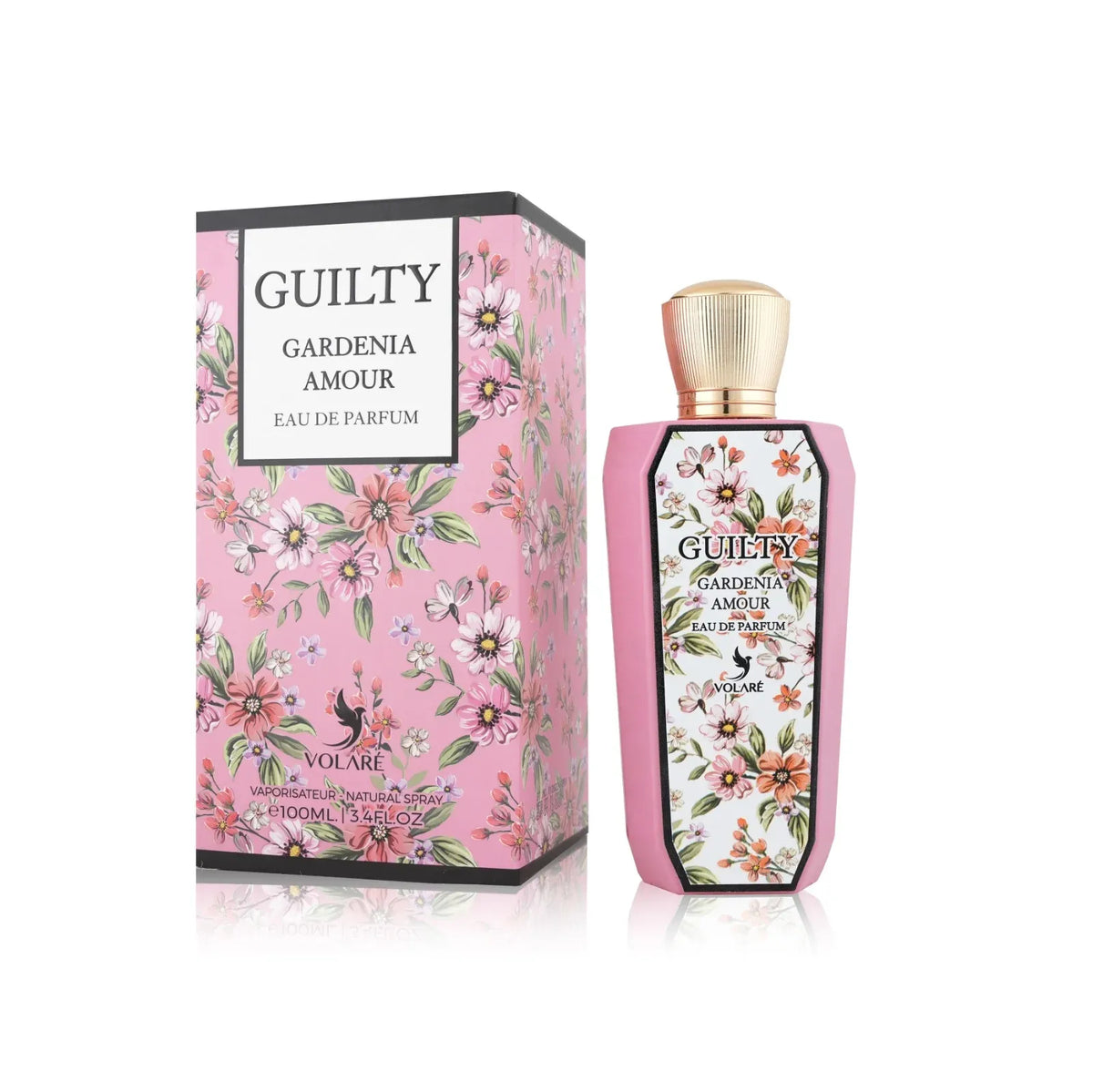 Perfume bottle and packaging of 'Guilty Gardenia Amour' by Volare on a white background