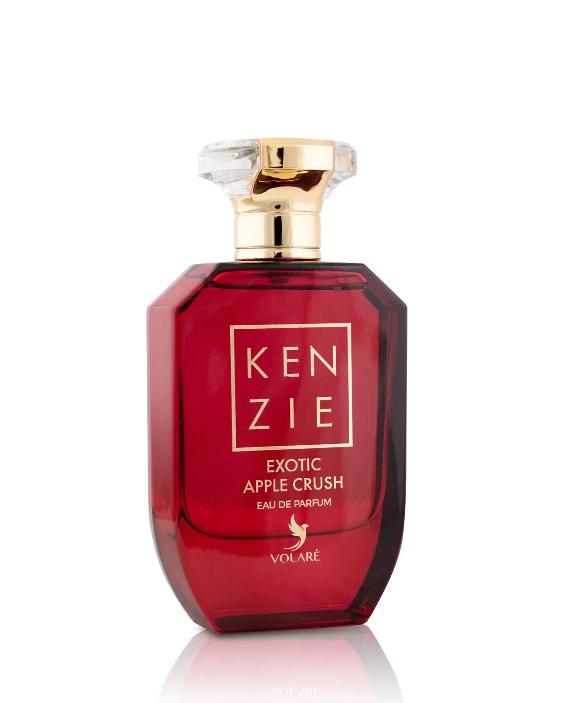 Red perfume bottle with gold cap labeled 'Kenzie Exotic Apple Crush' on a white background
